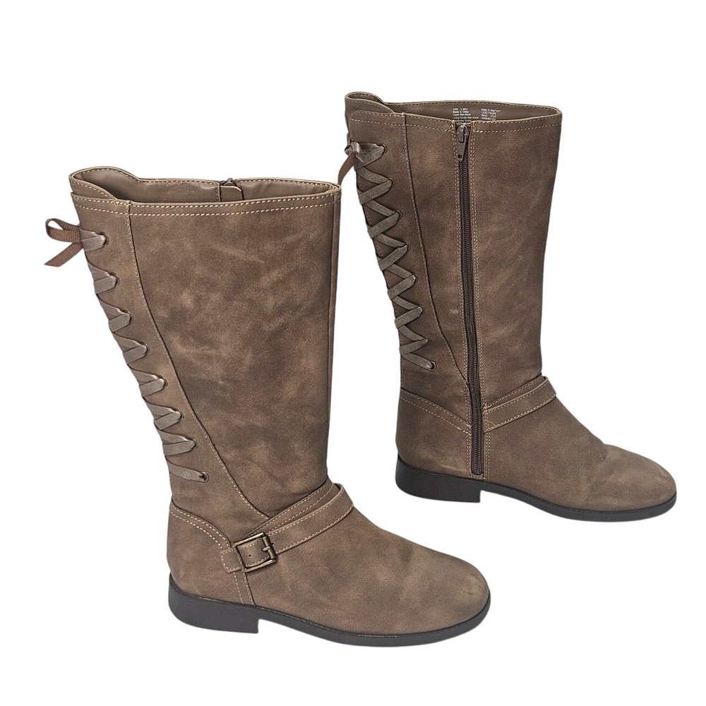 So Girls Brown Faux Suede Knee High Boots Lace Up Side Buckle Detail Size‎ 5